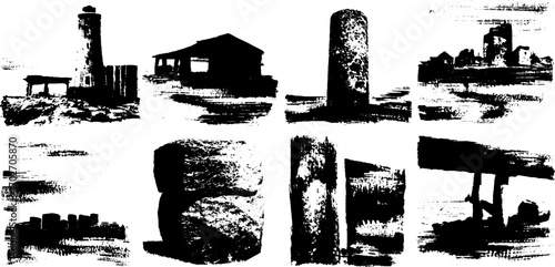 Black ink silhouette set of industrial landscapes in rough grunge style
