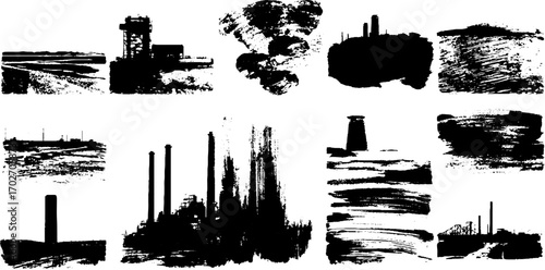 Black ink silhouette set of industrial landscapes with factories and grunge textures