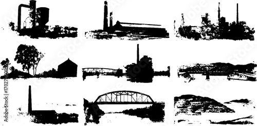 Black ink silhouette set of industrial landscapes for urban design projects