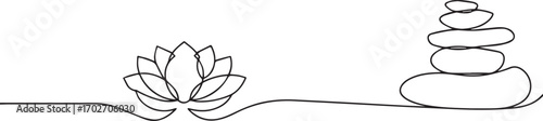 Stones and Lotus flower one continuous line art, Vector illustration, One line art, Line art graphic style