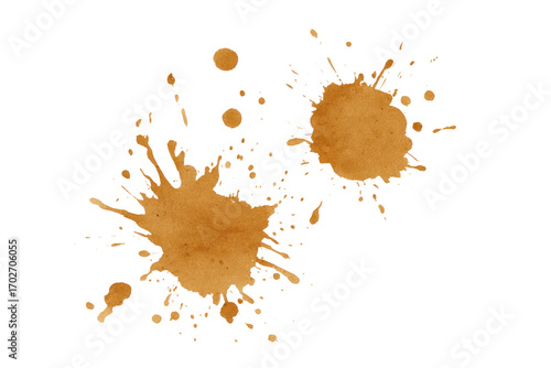 Two large, overlapping, light brown stains with splatter.  Abstract design of coffee or tea spills
