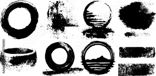 Artistic set of black ink silhouettes with smudges and drips for creative designs