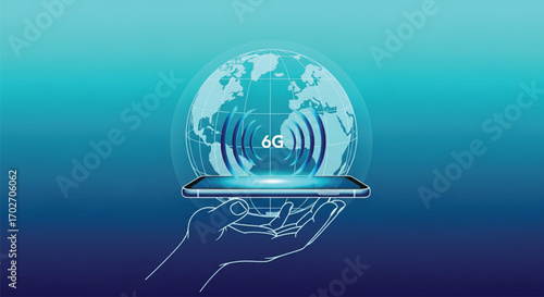 Hands Holding a Smartphone Showing Global 6G Network Connectivity. EPS Vector