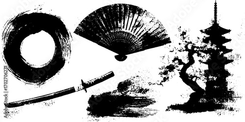 Black ink silhouette set depicting japanese culture with enso and traditional elements