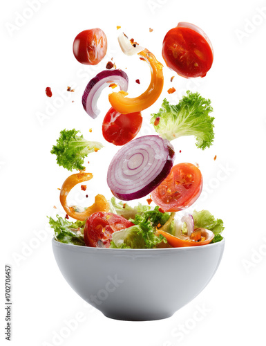 Fresh vegetables levitate in a bowl
