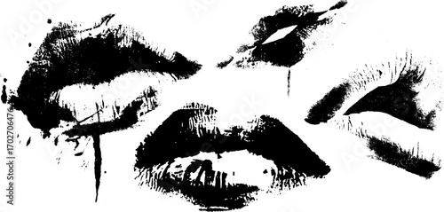 Black ink silhouette set of lips and kiss marks for creative design