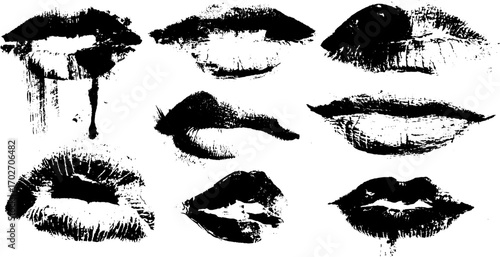 Black ink silhouette set of lips with various kiss imprints and textures for creative designs