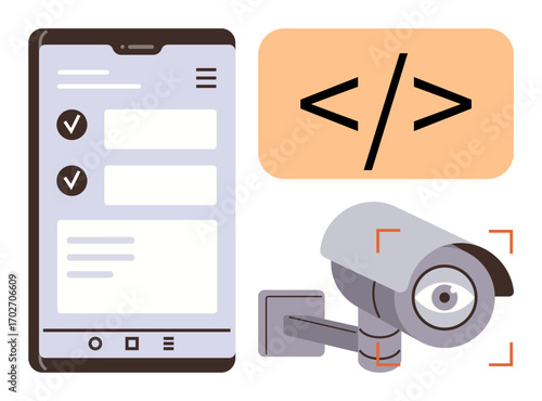 Mobile screen with checklist, security camera, code snippet. Ideal for cybersecurity, privacy, monitoring, technology, programming safety digital protection. Simple flat metaphor