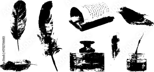 Vintage writing tools silhouette set including quill, ink pot, and scroll for classic literature design