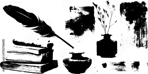 Black ink silhouette set of literature elements with books and quill for creative design