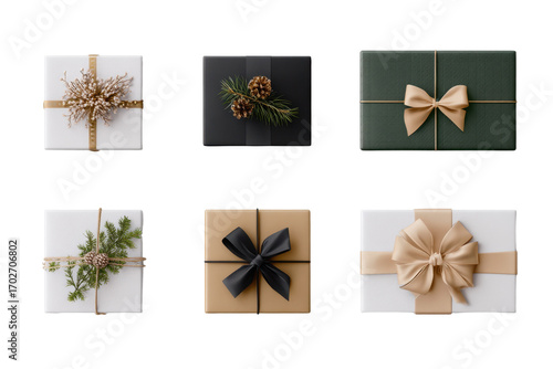 Christmas luxury gift present festive pattern top down view PNG set, cutout isolated on white background. Winter Holiday gifting season graphic resource