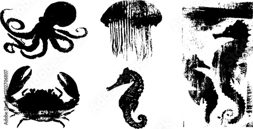 Black ink silhouette collection of marine animals for artistic designs