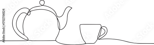 Teapot pouring tea on cup one continuous line art, Vector illustration, One line art, Line art graphic style