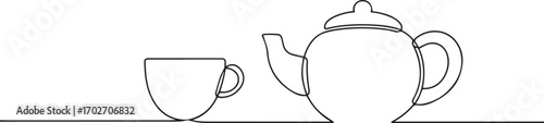 Teapot pouring tea on cup one continuous line art, Vector illustration, One line art, Line art graphic style