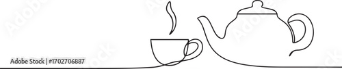 Teapot pouring tea on cup one continuous line art, Vector illustration, One line art, Line art graphic style