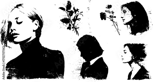 Black ink silhouette portraits with floral elements for modern artistic design