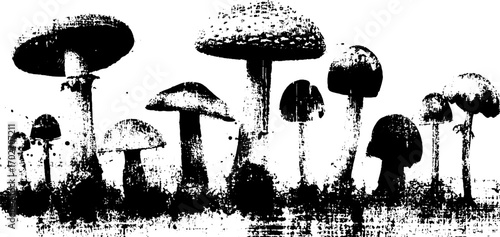 Black ink silhouette of mushroom set featuring fly agaric for nature design