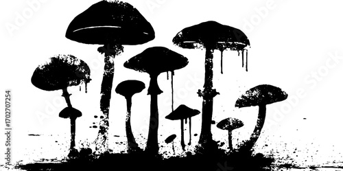 Black ink silhouette of fly agaric mushrooms in grunge style for urban art designs
