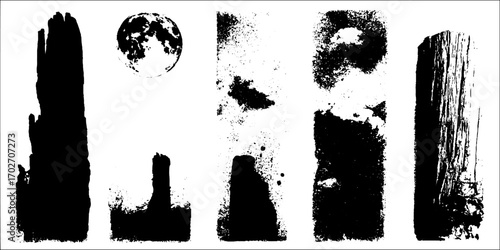 Mystical moon and tower silhouettes with grunge ink textures for creative design