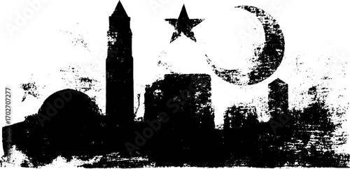 Mystical moon and star silhouette with urban skyline in black ink grunge style