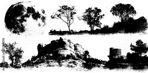Black ink silhouettes of mystical landscapes featuring moon and trees for artistic design