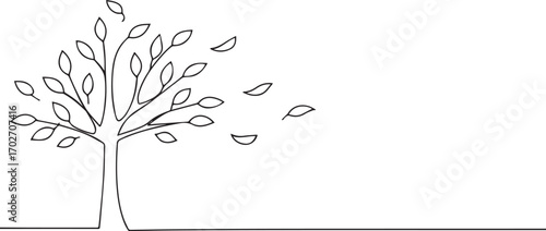 Tree with falling leaves one continuous line art, Vector illustration, One line art, Line art graphic style