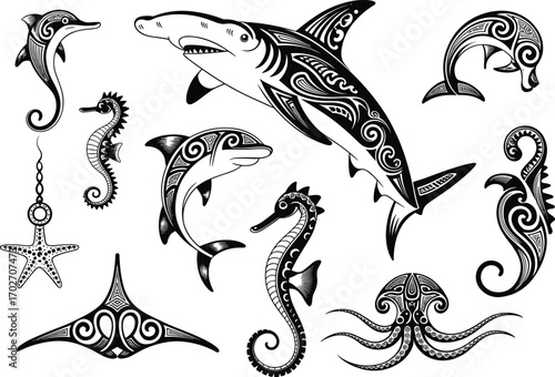 Ocean Life Tribal Tattoos Marine Animals Decorative Designs