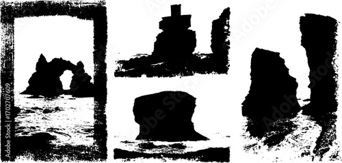 Black ink silhouette of nature canyon with dramatic rock formations for artistic designs