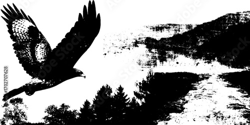 Black ink silhouette of canyon landscape with soaring bird and rugged terrain