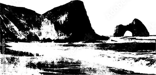 Black ink silhouette of coastal cliffs and arched rock formation on rough sea