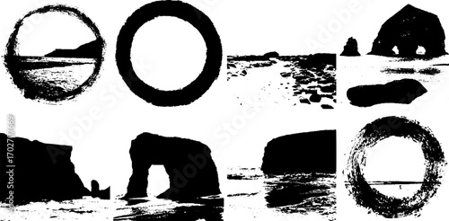 Black ink silhouette set of coastal landscapes and sand dunes