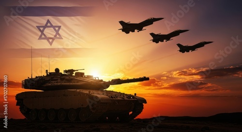 Israeli military might at sunset with fighter jets and tank