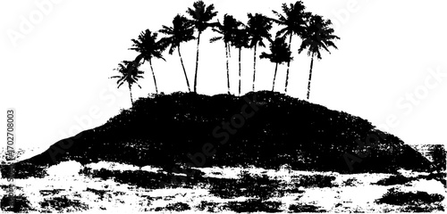 Black ink silhouette of tropical island with palm trees for creative designs