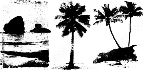 Tropical island silhouette set with palm trees and ocean views for design