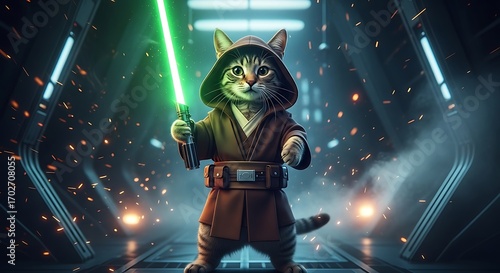 A stylized digital rendering of a tabby cat dressed as a Jedi knight, wielding a vibrant green lightsaber, within a futuristic corridor filled with sparks and glowing lights.