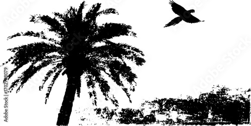 Silhouette of jungle nature with palm tree and bird in flight - perfect for tropical design