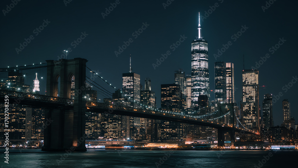 Obraz premium Famous New York skyline at night, Manhattan cityscape illuminated, iconic skyscrapers and bridges, urban night photography, USA travel landmark, vibrant metropolitan scene, tourism and city lights con