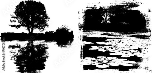 Black ink silhouette of nature scenes with lake and trees