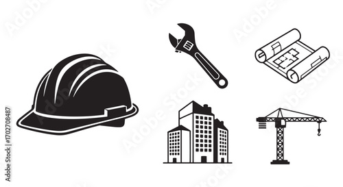 Construction Symbols: A collection of essential construction elements and tools, artfully arranged against an inviting backdrop of crisp white, ready to bring your project concepts to life.