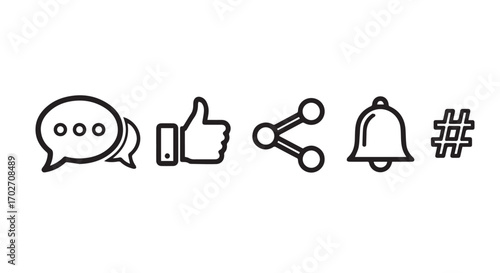Social Media Symbols: A clean and minimalist digital illustration showcasing essential social media symbols, highlighting online communication, sharing, and engagement. 