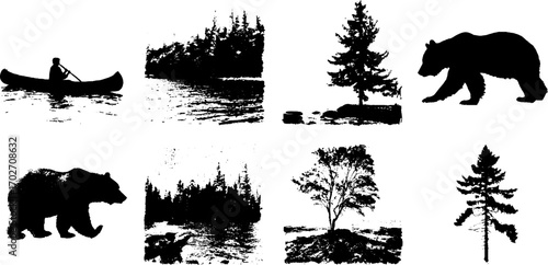 Black ink silhouette set of nature with rivers and wildlife for art and design