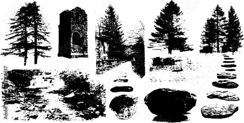 Black ink silhouette set of nature scenes with river, stream, and trees