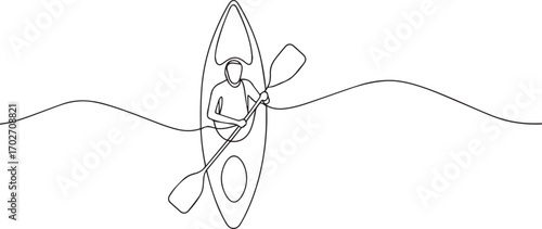 young man rafting on kayak or canoe one continuous line art, Vector illustration, One line art, Line art graphic style