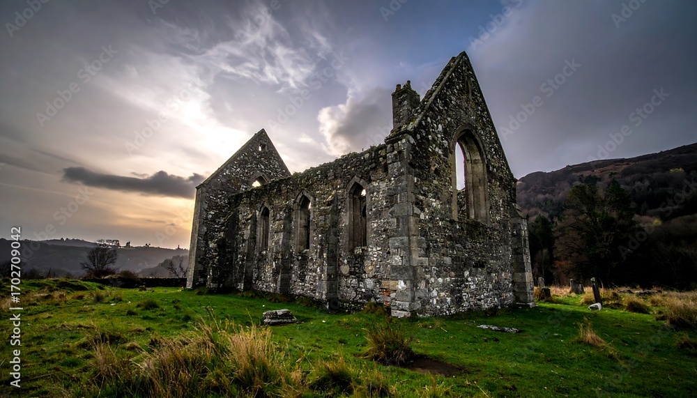 Fototapeta premium Ruined stone church at sunset