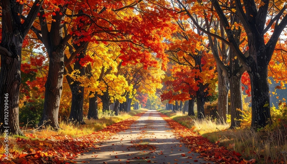 Naklejka premium Aesthetic Autumnal Avenue with Vibrant Foliage Displaying Fall Colors