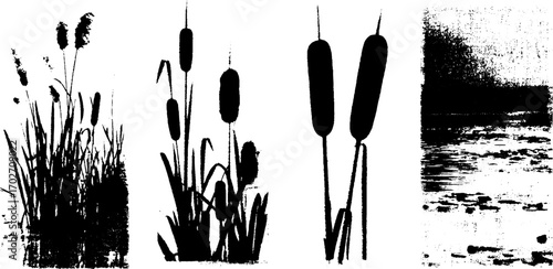 Black ink silhouette collection of swamp reed and water scenes for nature design