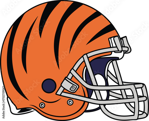 Vector art of orange american football helmet with black stripes