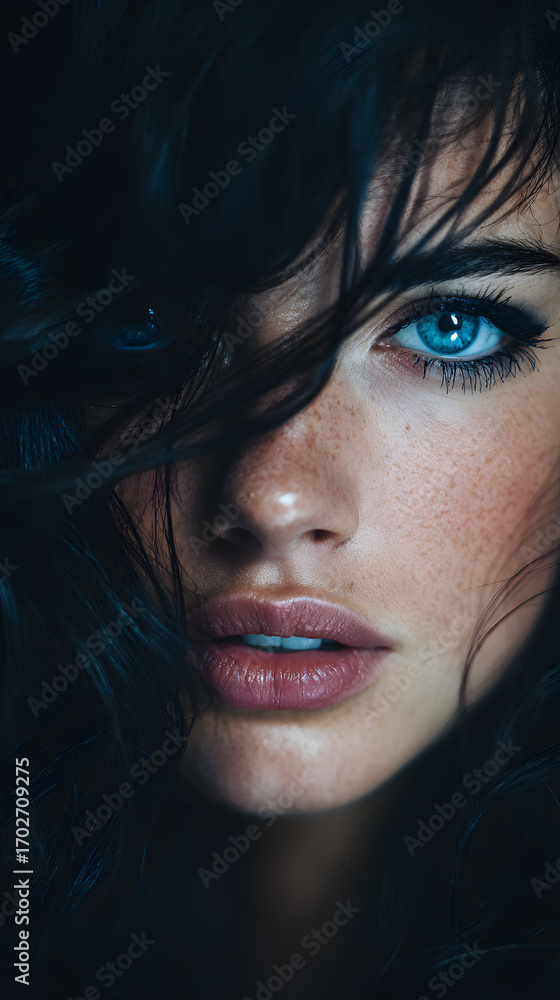 Fototapeta premium Close up portrait of a woman with sapphire blue eyes