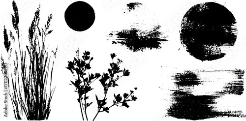 Black ink silhouette set featuring nature elements with sunrise and clouds for design use