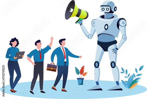 Business people and robot using megaphone to tell story to their friends. Marketing strategy information or announcements.